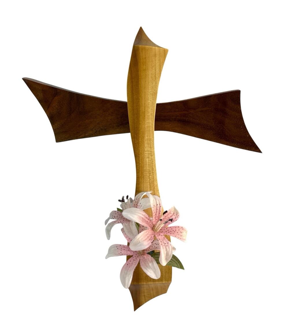 Handcrafted Wooden Wall Cross with Pink Lily Flowers Signed RRM 12.5” MCM